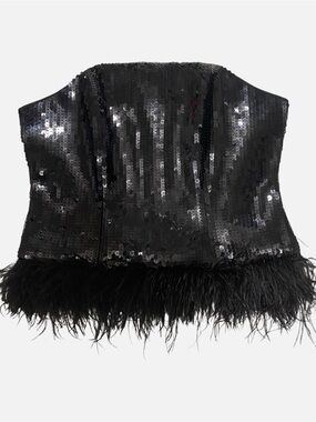 Express Black Sequin Feather Hem Strapless Tank